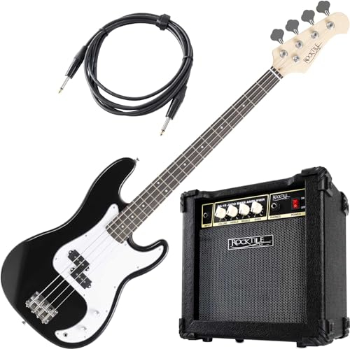 Rocktile Puncher Preci Style E-Bass Jaco Set - 4-saitige Bassgitarre - geteilter Tonabnehmer - 22 Bünde - Combo-Verstärker mit 15 Watt - 3m langes Kabel - schwarz
