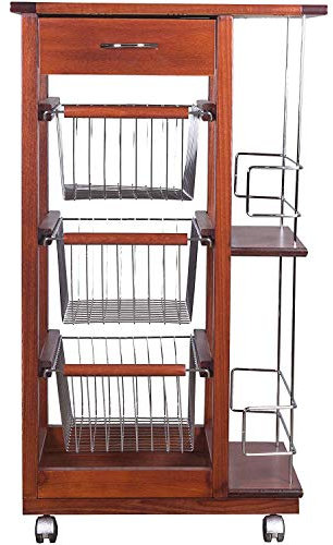 Marvin Carrello Cucina Salvaspazio in Legno di Faggio con Cassetto E Cesti Contenitori Portabottiglie Vino 4 Ruote Girevoli Portapane Portafrutta Portavivande Ripiano Lavoro con Piastrelle (Ciliegio)