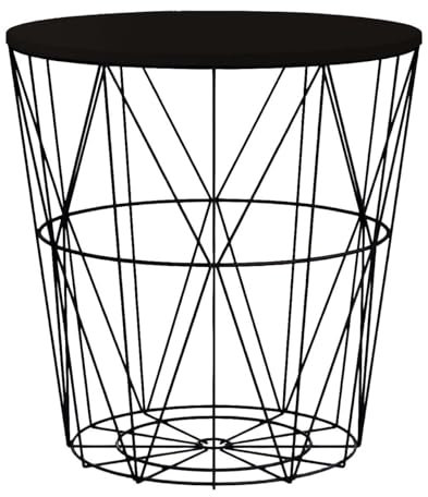 Round Side Table Wire Metal Storage Basket Modern Tea Nest Table with Removable Wood Top for Hallway, Living Room, Bedroom, or Office Decor Sidetable (Black + Black Lid, Medium)