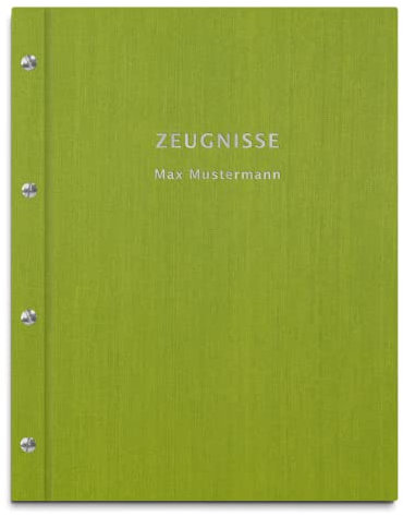 Personalisierte Zeugnismappe in grüner Leinenoptik – 2-zeiliger Wunschtext als Prägung – 12 Hüllen für DIN-A4 Dokumente