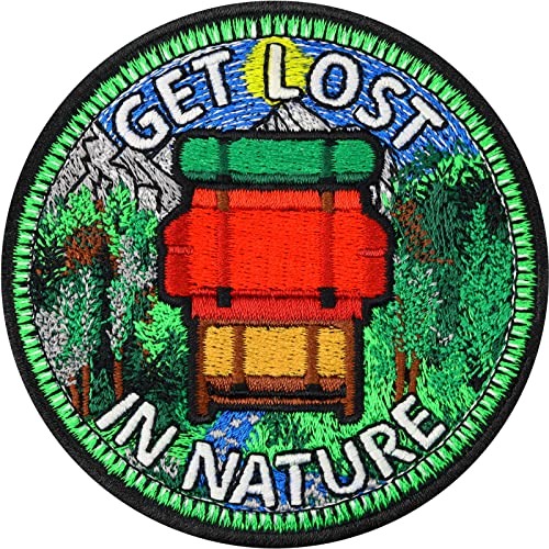 WANDERLUST Aufnäher/Aufbügler | Get lost in Nature Patch zum annähen/aufbügeln | Wanderfreunde Aufkleber Camping Bügelbild Outdoor Naturfreunde Sticker für Rucksack/Backbag | 80x80mm