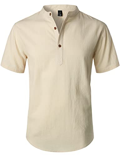 LucMatton Men's Casual Cotton Linen Short Sleeve Henley Shirt Summer Lightweight Banded Collar Beach Tops Beige Cream Large