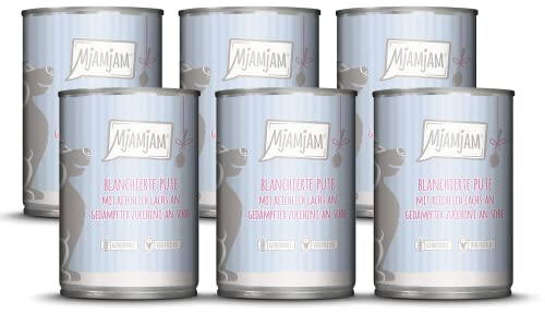 MjAMjAM - Premium Nassfutter für Hunde - blanchierte Pute mit reichlich Lachs an gedämpfter Zucchini an Soße, 6er Pack (6 x 380 g), getreidefrei mit extra viel Fleisch