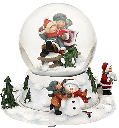 Dekohelden24 Schneekugel Kindern auf Schlitten, beweglicher Sockel mit Spielwerk, Melodie: Leise rieselt der Schnee, Maße L/B/H: 15 x 15 x 14,5 cm Kugel Ø 10 cm.
