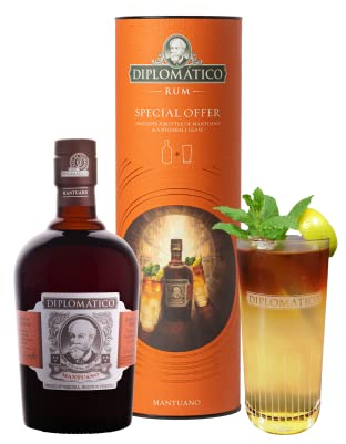 RON DIPLOMÁTICO - Estuche Regalo de Ron Diplomático Mantuano + Vaso , 40% Volumen de Alcohol, 70 cl + 5 cl