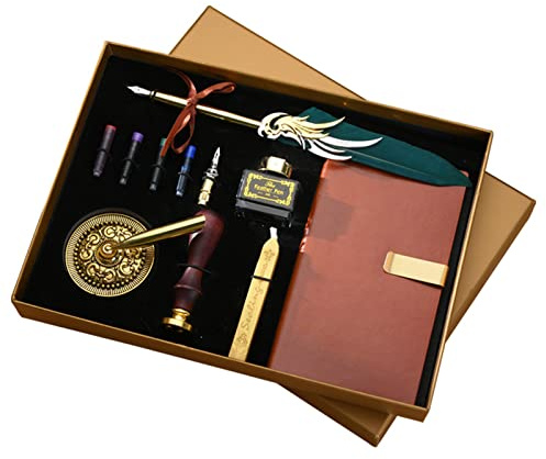 Juego de Pluma de Inmersión JasCherry, Pluma y Tintero Antiguo con Sellos de Cera, Tinta y Cuaderno de Cuero, Bolígrafos de Caligrafía para Arte, Escritura, Firma, Decoración, Regalo