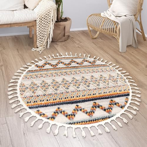 Paco Home Teppich Wohnzimmer Kurzflor Boho Modern Ethno Skandinavisch Geometrisches Muster Fransen, Grösse:120 cm Rund, Farbe:Bunt