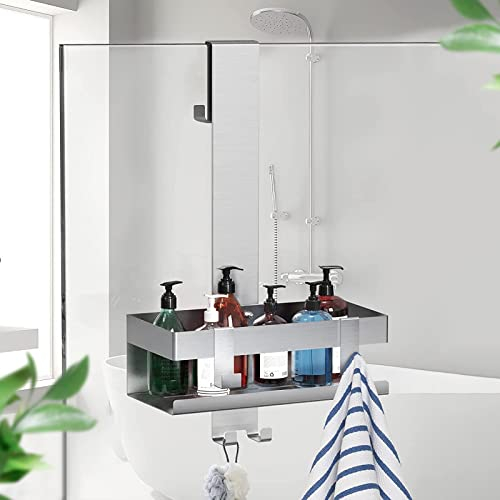 NEOVSUNY Duschablage zum Hängen, Duschregal Ohne Bohrer, Duschkorb zum Hängen Edelstahl SUS304 für Rahmenlos Glastür, Badezimmer Organizer Shampoo Halterung für Dusche,mit 2 Beweglichen Haken, Silber