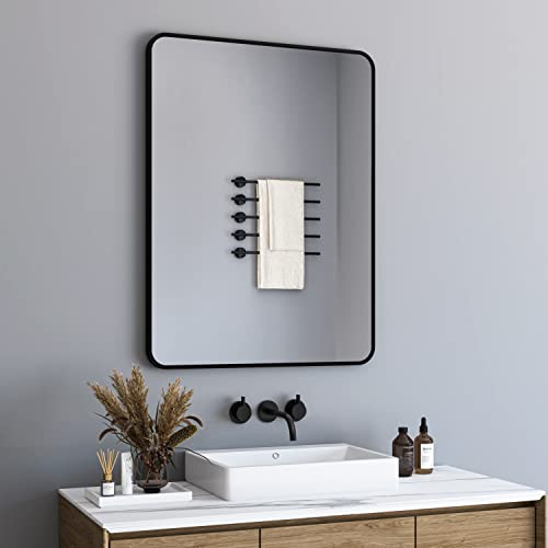 BD-Baode Wandspiegel 40x60 cm Schwarz Metallrahmen Wandspiegel Badspiegel Ohne Beleuchtung Rechteckig Spiegel für Bäder, Schlafzimmer, Toiletten(Design mit Abgerundeten Ecken)