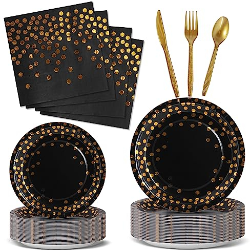 Nkaiso Party Tableware 144 Pieces Black Gold Kids Birthday Party Plates Party Supplies Set Includes Paper Plates Napkins Reusable Cutlery for Birthday Decorations Christening Wedding Shower-24 Guests