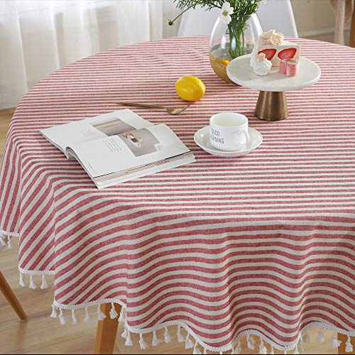 Plenmor Tischdecke Rund 150 cm Baumwolle Tischtuch Leinenoptik Boho Style abwaschbar Küchentischdecke Outdoor Tisch Rot Rund