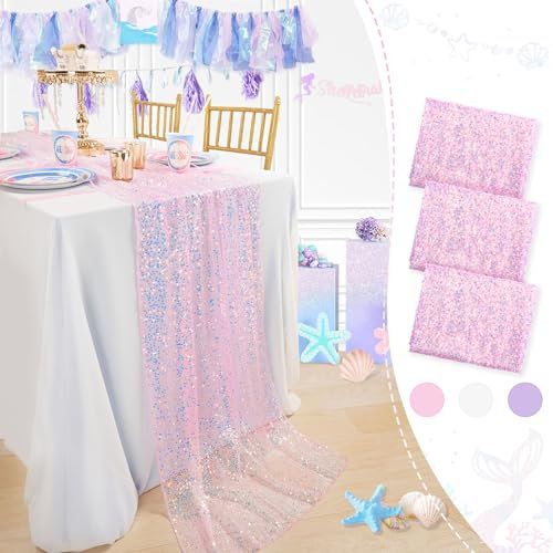 Meerjungfrau Läufer 3 Stück Rosa Tischläufer 305 cm lang Pailletten Stoff für Mädchen Meerjungfrau Geburtstag Dekorationen