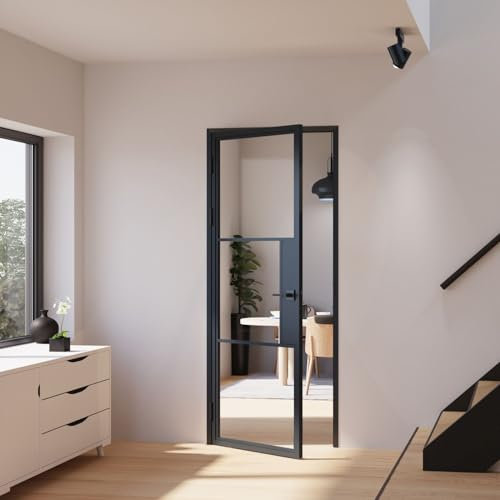 Schulte porte intérieure loft en verre, bloc-porte vitré, 90x215cm, atelier, noir mat, verre transparent, verrière, 3 vitrages, tirant gauche- serrure