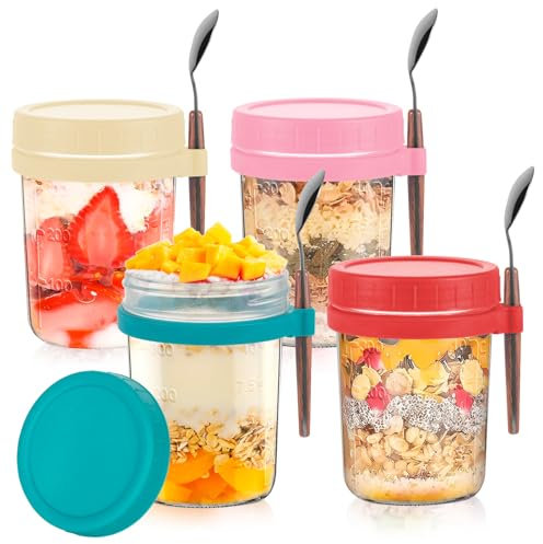 Esilihom 4 Pack Reusable Overnight Oats Jars with Lid and Spoon Set, 350ml Airtight Oatmeal Container with Measurement Mark, Glass Mason Jars for Cereals, Milk, Yogurt, Fruit, Salad
