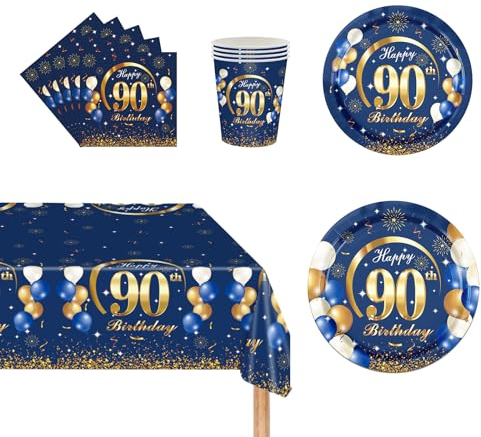 69Pcs Navy Blue Gold 90th Birthday Party Tableware, Blue 90th Birthday Tableware Set with Paper Plates,Napkins Serviette,90th Table Cloth,16P Paper Cups for Women Men Birthday Party Table Decorations