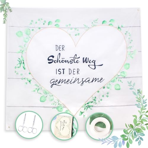 Hochzeitslaken zum Ausschneiden,Hochzeitsherz zum Ausschneiden,Hochzeitsdekoration, Standesamt Überraschung inkl. 2 Scheren und wiederverwendbarem Zip Beutel aus Segeltuch, Seidenband
