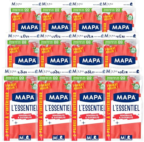 Spontex MAPA L'Essentiel Haushaltshandschuhe, Latex, Innen-Baumwollfasern, Sensibilität und Flexibilität, rutschfeste Beschichtung, 12 Packungen mit je 2 Paar, Größe M, 24 Stück
