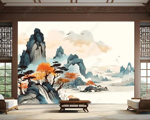 Vlies Fototapete Berge Seen Kiefern Waldtuschemalerei 300X210 Cm - Foto Tapete Schlafzimmer Wohnzimmer Moderne Vliestapete Xxl Wandtapete Motivtapeten Bildtapete 3D Effekt Wand Dekoration