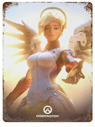 FUCIIhUUN Game Overwatch Mercy Poster, Wanddekoration, Kunst, Metallblechposter, moderne Heimdekoration, Kunst, Metallposter, Hausbar, Laden, Dekorationen, Vintage-Schild, Geschenk, 39,9 x 30 cm