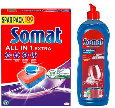 SOMAT Tabs 100 AW all in 1 Extra, Geschirrspül Tabs für Sauberkeit auch bei niedrigen Temperaturen, bekämpft eingetrocknete Rückstände + Somat Duo Power Experten Klarspüler 750ml