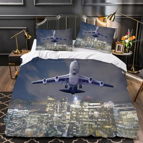 AASIRA Bettwäsche Flugzeug Bettbezug 155x220 mit Reißverschluss 100% Mikrofaser Bettwäsche-Sets Stadtansicht 3D Druck Kinder Teenager Pflegeleicht Betten Set mit 2 Kissenbezüge 80x80 cm