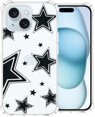 CAROKI Clear Phone Case for iPhone 15,Black Star Pattern Case Cover Soft TPU Protective Slim Shockproof Cover Boys Girls Phone Case for iPhone 15-Black Star
