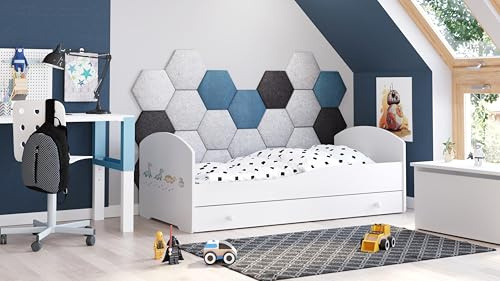 KOBI LUK Kinderbett mit Schublade, weiß | für Kinderzimmer | für einen Jungen und EIN Mädchen | Schublade, Matratze, Rahmen inklusive | (Dinos, 140x70)
