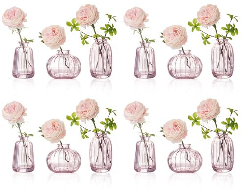 Lot de 12 mini vases en verre - 3 styles - Petit vase à fleurs - Pour décoration de table et décoration d'intérieur - Rose