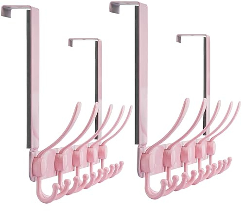 Dseap Over The Door Hook Hanger - Fits 35mm to 45mm Doors | 5 Tri Hooks Heavy Duty Towel/Coat Rack | Door Organizer for Clothes, Jackets, Hats, Towels, Pink, Pack of 2