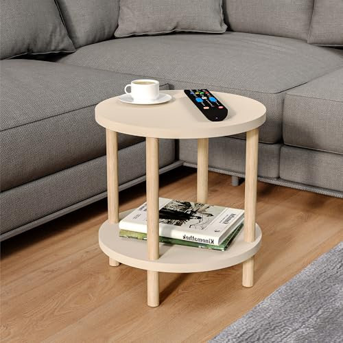 sugodesign Beistelltisch rund Holz, Ø 42,5 cm, Kleiner Couchtisch rund aus Holz, 2 Ablagen mehr Stauraum, Idealer Sofatisch oder Coffee Table für Wohnzimmer, Couchtisch in Sand-Beige, einfacher Aufbau