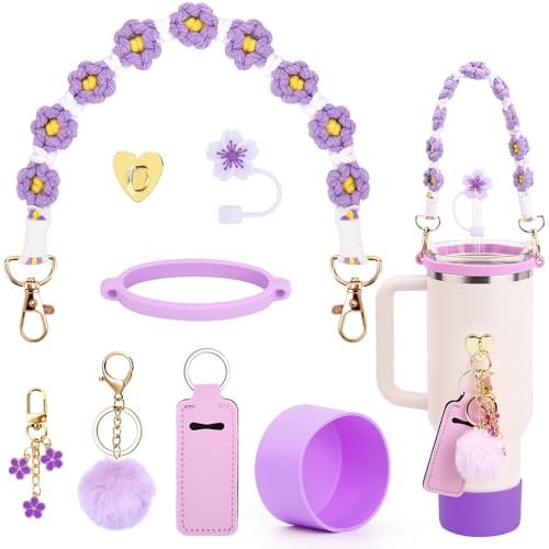 Stanley 8PCS Accessories Set, Including Silicone Flower Straw Cover Cap, Stanley Cup Boot, Water Bottle Strap Handle, Decorative Charms for 30oz & 40oz Tumbler (Purple)