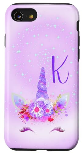 iPhone SE (2020) / 7 / 8 Purple Galaxy Unicorn Phone Case Initial K,Monogram Unicorn Case