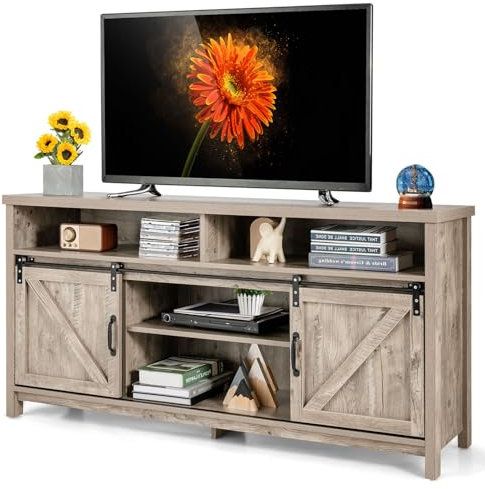 CASART TV Stand Cabinet for 65 Inch TVs, 150cm Wooden Console Table TV Unit with Sliding Barn Doors, Adjustable Shelf & Cable Holes, Media Entertainment Center for Living Room Bedroom (Maple Grey)