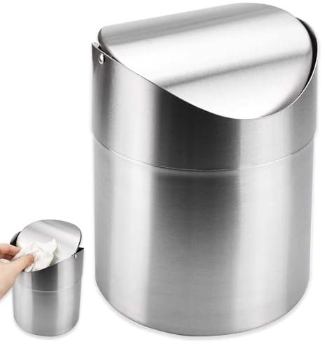 Tischmülleimer mit Deckel, Mini Edelstahl Tischabfalleimer, Papierkorb Desktop, 1,2L Schwingdeckeleimer Kosmetikeimer , Edelstahl Tischabfalleimer Tischmülleimer für Zuhause Büro Waschtisch (Silber )