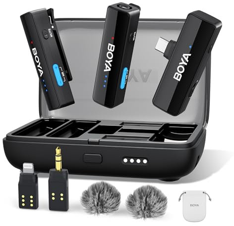 BOYA BOYALINK 2 Wireless Lavalier Microphone, Dual Channel Clip on Lapel Mic with Charging Case Lightning/USB-C/3.5MM Adapter for iPhone Android Camera, 30H Battery, Mini Mic for Podcast Video Record