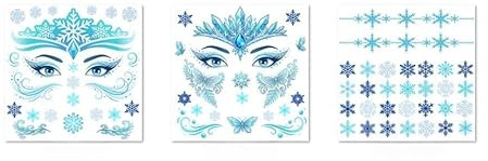 ENYACOS Eiskönigin Gesichtstattoo Set – 5 Bögen: 3x Tattoo Aufkleber (Schneeflocken) + 2x Glitzersteine (Blau & Silber) – Eisprinzessin Kostüm Zubehör für Damen – Karneval Make-up Alternative