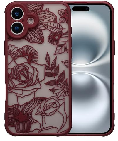 XIZYO Case for iPhone 16 6.1 Inch, Cute Frosted Translucent Rose Floral Flower Pattern Shockproof Cover, for Girls Women Luxury Soft TPU Protective Phone Case, Wine Red