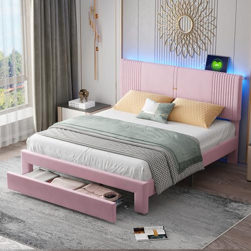 Merax Lit 160 x 200 cm avec Tiroir, Lit de Rangement avec LED et USB, Rose (sans Matelas)
