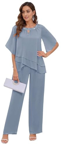 TANPAUL Hosenanzug Damen Festlich Elegant - 2 Stück Chiffon Kurzarm Mutter der Braut Hosenanzüge für Hochzeit