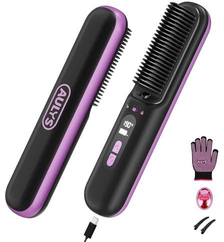 AULYS Spazzola Lisciante Senza Fili – Riscaldamento Veloce 25s, 6 Livelli di Temperatura, Batteria 2400mAh, Anti-Crespo, Display LED, Sicura e Portatile per Tutti i Tipi di Capelli