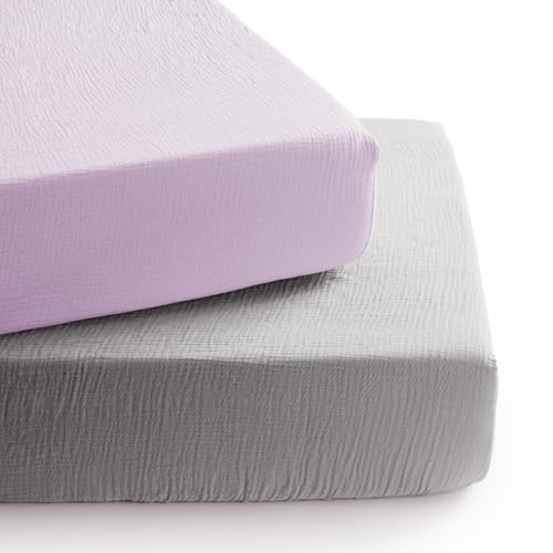TILLYOU Juego de 2 sábanas bajeras ajustables de muselina, 60 x 120 cm, 100 % algodón, color gris y lila