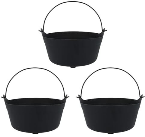 Halloween Black Plastic Cauldrons 24cm Pack of 3 – Witch Cauldron Party Decoration, Trick or Treat Candy Bowl, Spooky Centrepiece for Halloween Party Supplies