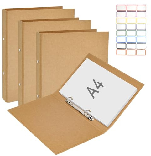 VGECEE 4 Stk Ringbuch A4 Nachfüllbar Kraftpapier Ringordner Ringbuch Ordner | A4 Ring Binder Refillable mit 2 Ringe, Aufkleber, 23.5 x 31.5 cm Ringordner, für Gelochte Blätter/Dokumente in Schule,Büro
