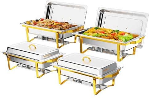 Karl home Chafing Dish Buffet Set of 4, 9L Rectangle Stainless Steel Food Warmer Kit with Lids Food Pans Bain Maries and Fuel Holders, Buffet Serving for Parties, Catering, Banquets, Events (Gold)