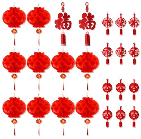 PYSEOSISE Chinesische Laternen, 24 Stück Rot Hängende Lampions, Rote Kunststoff Papierlaternen Stofflaternen für Chinesisches Neujahrsfest Frühlingsfest Party Feier Dekoration