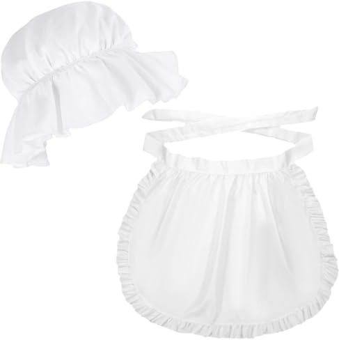 Tucnoeu 2pcs White Mob Cap Half Apron Halloween Colonial Costume Set Women Pilgrim Costume Accessories for Maid Girl Cosplay