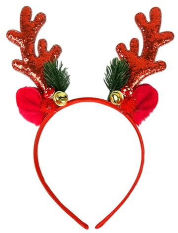 Serre Tête Noel, Serre Tete Renne Femme Fille, Bandeau de Renne de Noël avec Oreilles, Accessoire Cheveux Festif pour Enfants et Adultes, Idéal pour Fêtes, Carnaval et Décoration de Noël (Rouge)