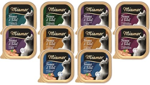 Miamor Feines & Filet Mixpaket | 5 garantierte Sorten | 10 x 100g Schale | Getreidefrei | Hoher Filetanteil | mit Gratis Milky Shake