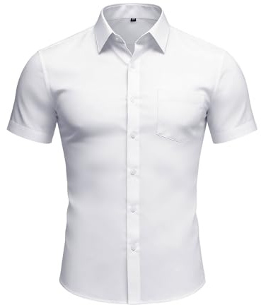 zoogobee Men's Short Sleeve Shirts White Stretch Wrinkle Free Button Down Casual Business Shirts with Pocket Fit Plain Button Down Cotton Shirt (UK, Alpha, L, Regular, Regular, White)