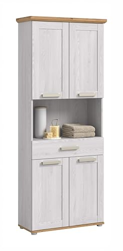 xonox.home – Hochschrank breit Verona 74x187x34 cm in Sibiu Lärche & Artisan Eiche – Großer Badschrank mit 4 Türen & Schubkasten – Viel Platz für Badutensilien, massives Design & hohe Funktionalität